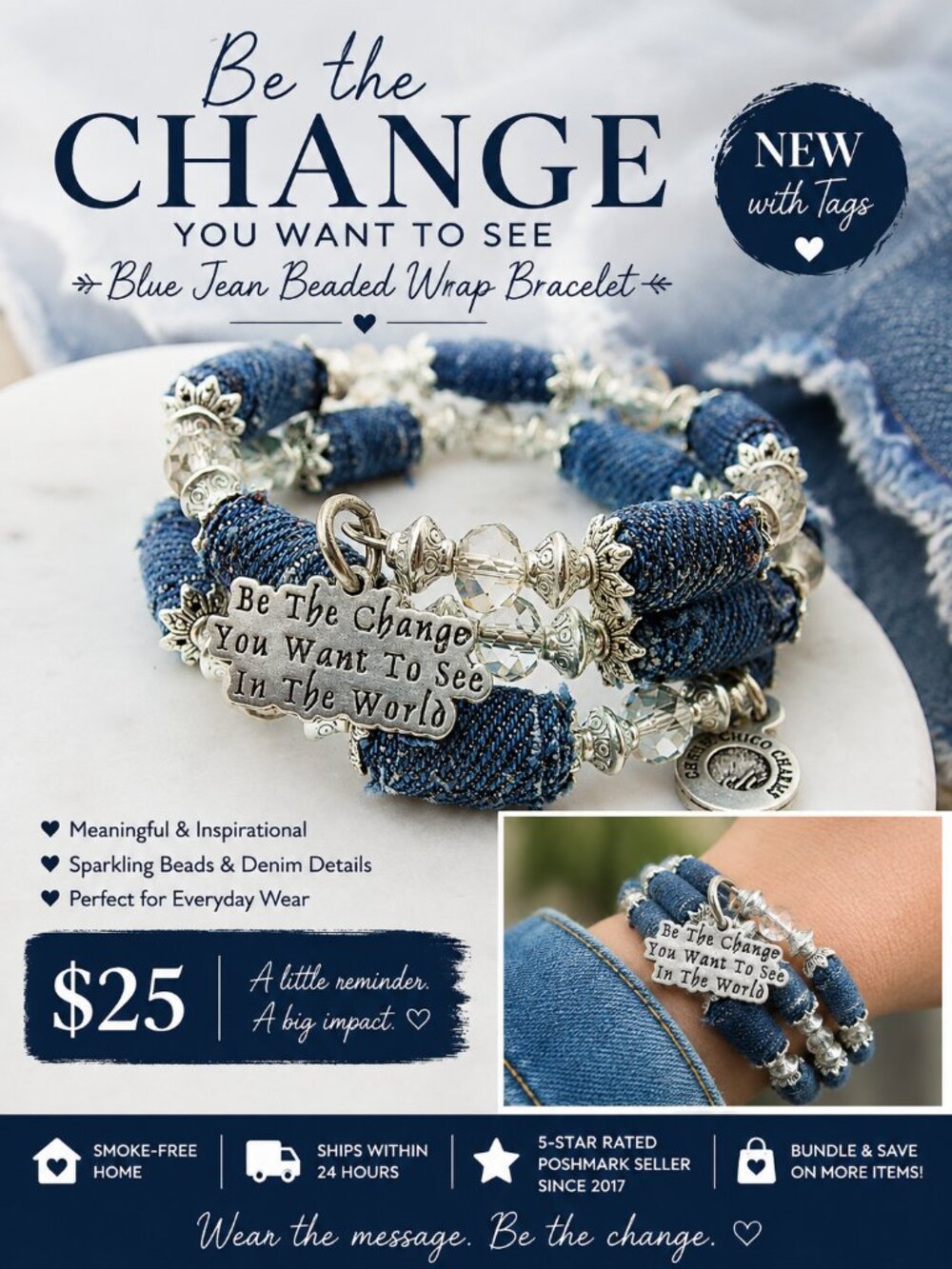 Distressed Denim Blue Jean Wrap Around Bracelet Inspirational Beaded Charm